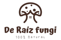 Logotipo con un icono de cara de árbol marrón y el texto “De Raiz fungi” encima de “100% natural”.