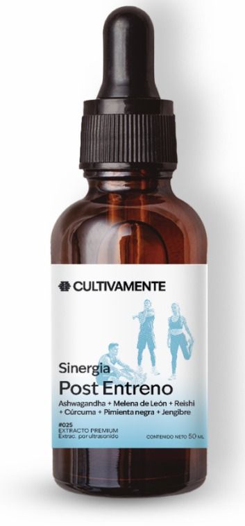 Frasco cuentagotas de color ámbar con la etiqueta “Sinergia Post Entreno”, etiqueta blanca y azul y tapa negra.