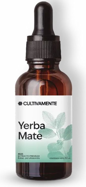 Frasco cuentagotas de color ámbar con la etiqueta “Yerba Mate” y un diseño de hoja verde.