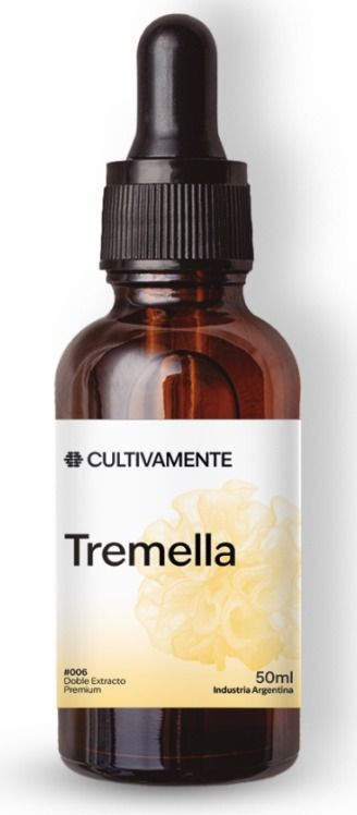Frasco cuentagotas de vidrio ámbar con la etiqueta “Tremella”, con tapón negro y etiqueta blanca sobre fondo blanco.