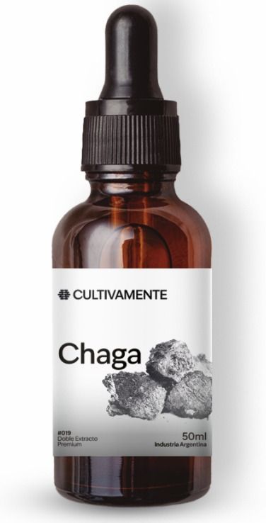 Frasco cuentagotas de color ámbar con la etiqueta “Chaga”, tapón negro y etiqueta blanca.