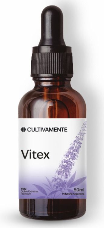 Frasco cuentagotas de color ámbar con la etiqueta “Vitex”, tapón negro y etiqueta blanca.