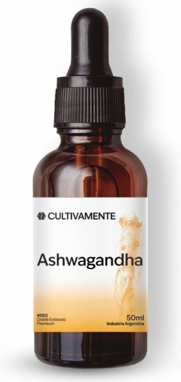 Frasco cuentagotas de color ámbar con la etiqueta “Ashwagandha” sobre fondo blanco.
