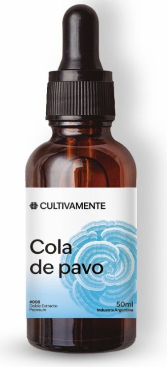 Frasco cuentagotas ámbar con la etiqueta “Cola de pavo” y un gráfico de una ola azul.
