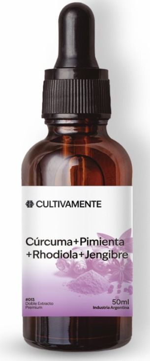Frasco cuentagotas de color ámbar con la etiqueta “Cúrcuma+Pimenta+Rhodiola+Gengibre” sobre fondo blanco.
