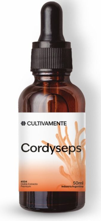 Frasco cuentagotas de color ámbar con la etiqueta “Cordyceps” y tapa negra sobre fondo blanco.