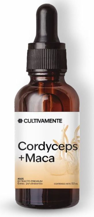Frasco cuentagotas de vidrio marrón con la etiqueta “Cordyceps + Maca” sobre fondo blanco.