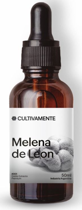 Frasco cuentagotas de color ámbar con la etiqueta “Melena de León” de Cultivamente, que contiene hongos melena de león.
