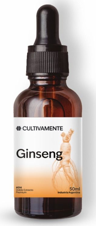 Frasco cuentagotas de color ámbar con la etiqueta “Ginseng”, tapón marrón y etiqueta blanca.