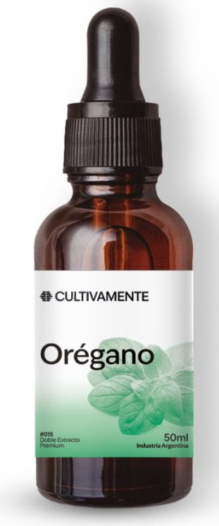 Frasco cuentagotas de color ámbar con la etiqueta “Orégano”, tapón negro y etiqueta blanca.