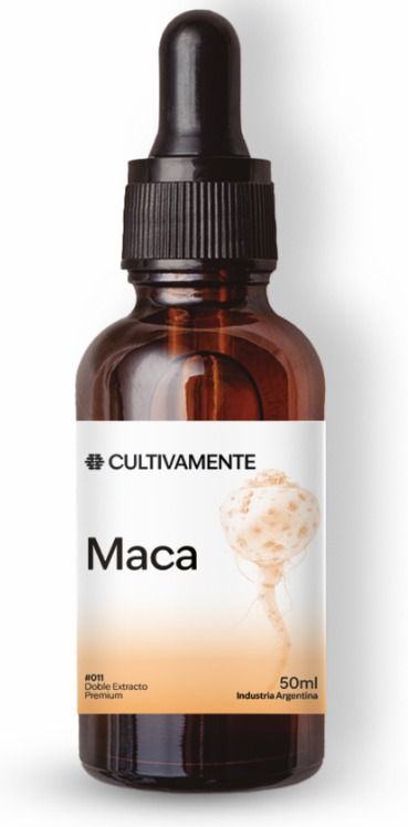 Frasco cuentagotas de color ámbar con la etiqueta “Maca” sobre fondo blanco.