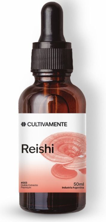 Frasco cuentagotas marrón con la etiqueta “Reishi” de Cultivamento sobre un fondo blanco.