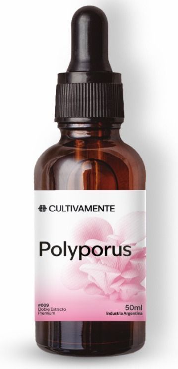 Frasco cuentagotas de color ámbar con la etiqueta “Polyporus” y diseño floral rosa.