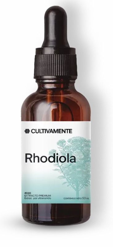 Frasco cuentagotas de color ámbar con la etiqueta “Rhodiola” y una etiqueta de color verde azulado y blanco.