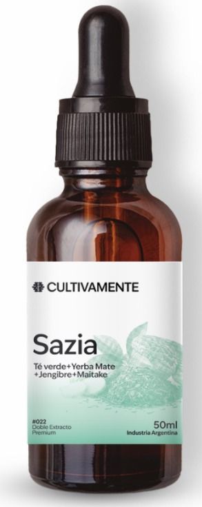Frasco cuentagotas de color ámbar con la etiqueta “Sazia”, dibujo de una hoja verde y tapa negra.