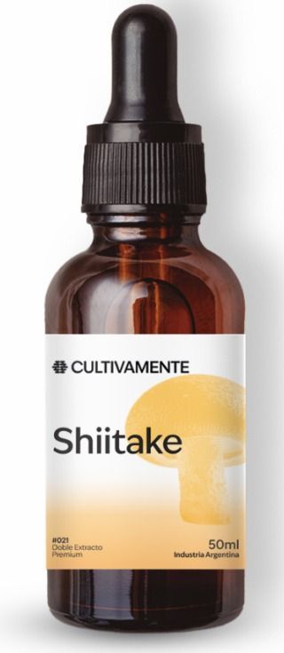 Frasco cuentagotas de color ámbar con la etiqueta “Shiitake” y la marca Cultivemente.