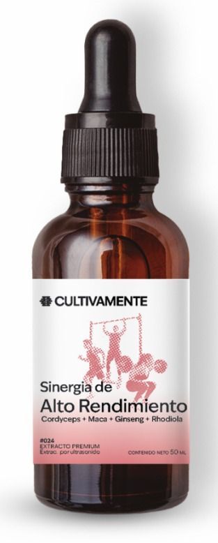 Frasco cuentagotas ámbar del suplemento Cultivamente “Sinergia de Alto Rendimiento” con etiqueta blanca.