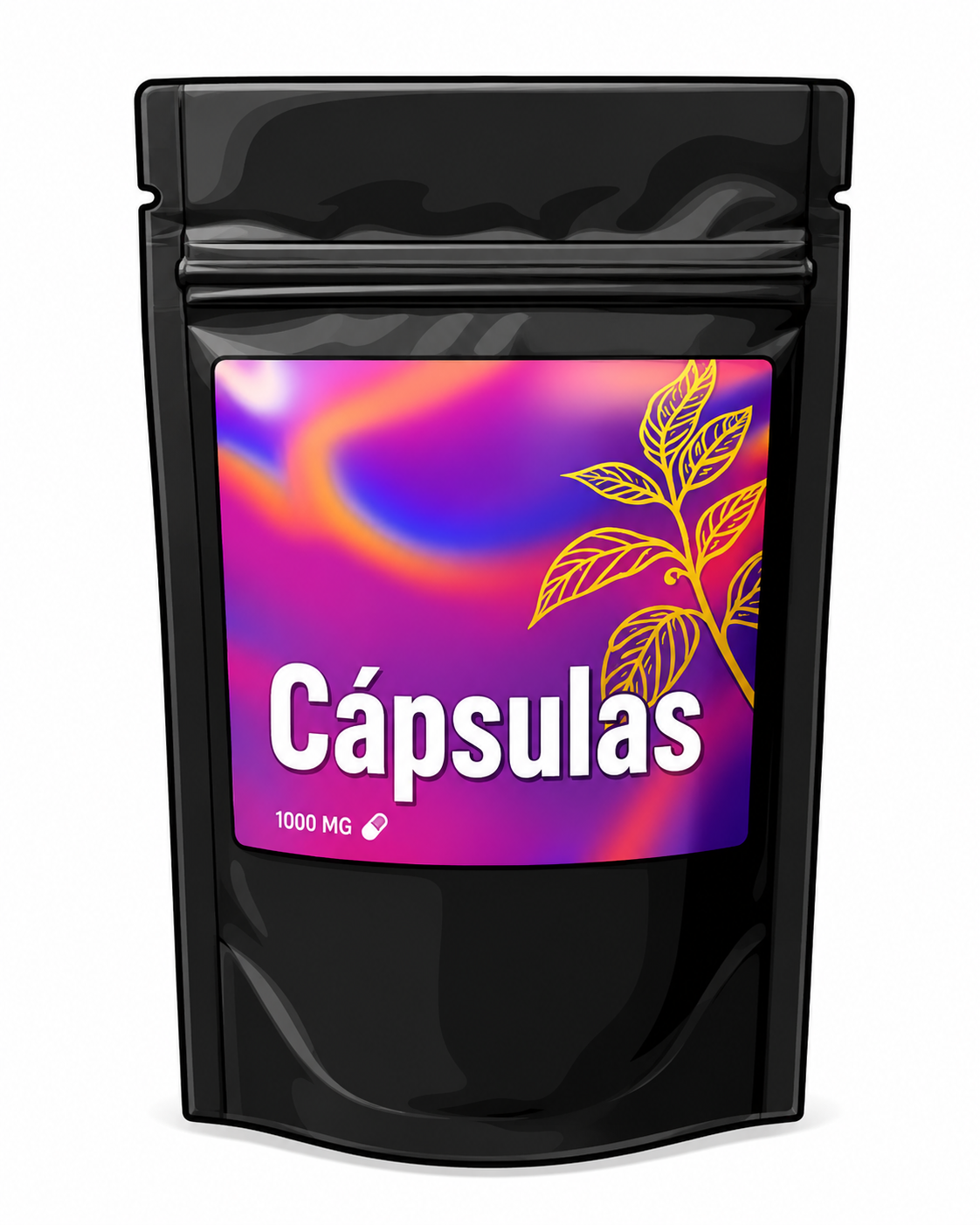 Bolsa negra resellable con la etiqueta “Cápsulas”, con un frontal de color púrpura anaranjado y diseño de hojas doradas.