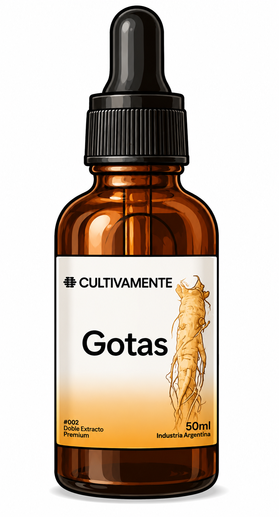 Frasco cuentagotas de color ámbar con la etiqueta “Gotas”, tapón negro y etiqueta blanca.