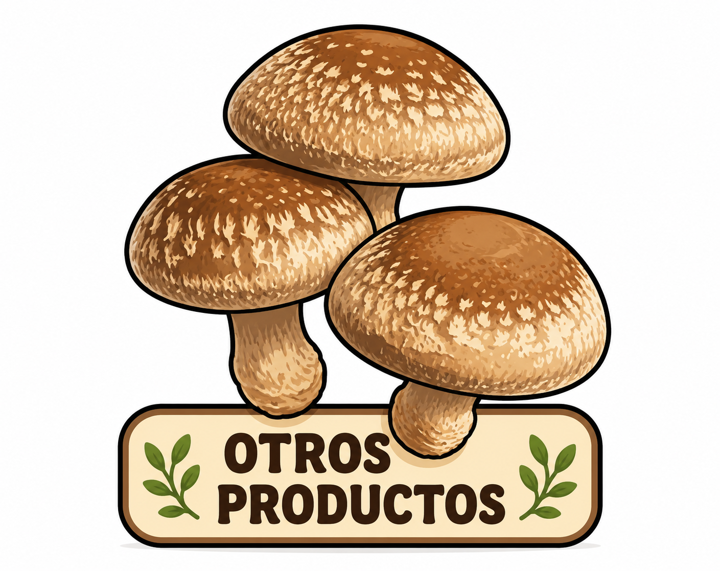 Tres setas marrones sobre un letrero con la inscripción “OTROS PRODUCTOS” y hojas verdes.