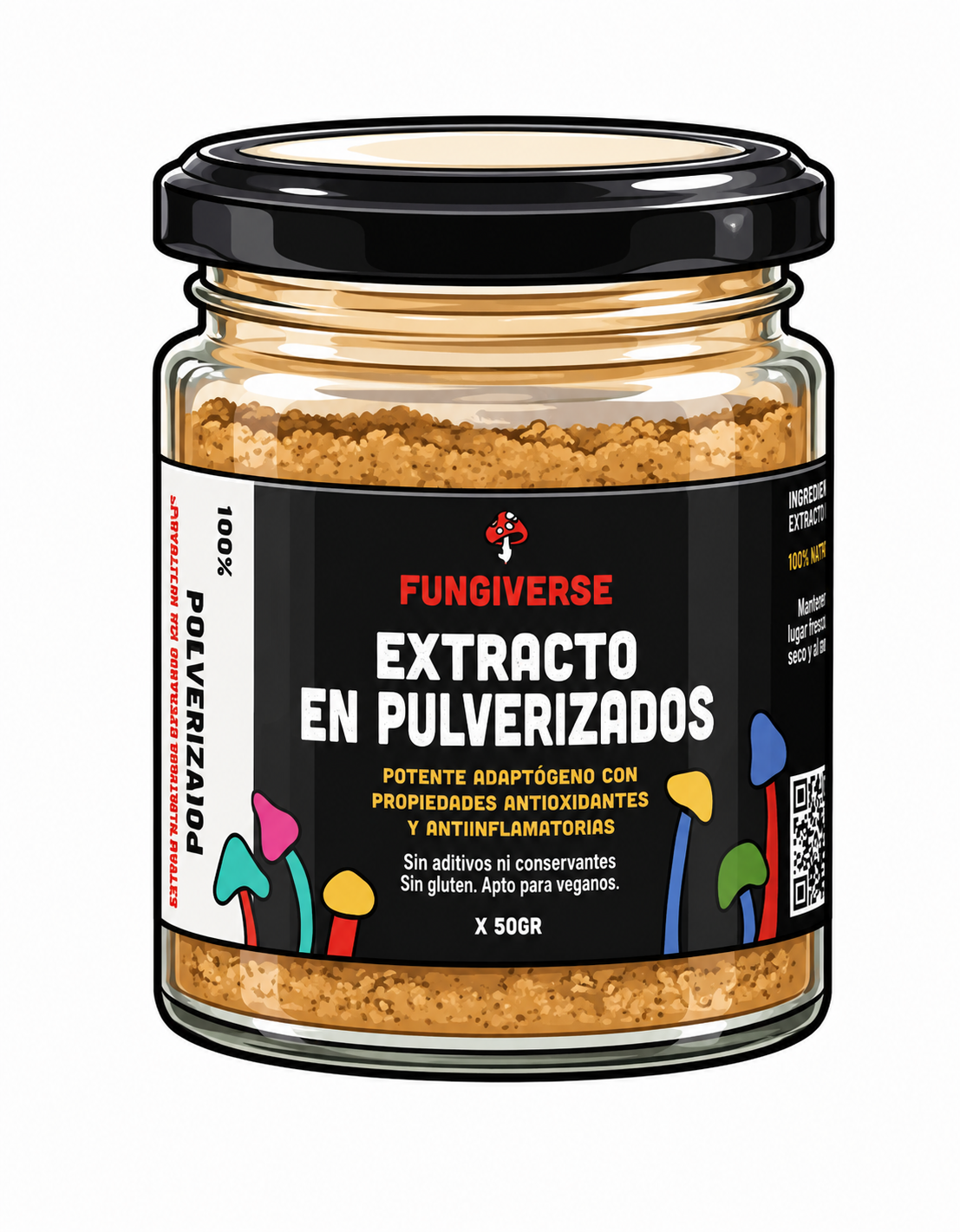Frasco de extracto de hongos secos Fungiverse con etiqueta negra y hongos de colores.