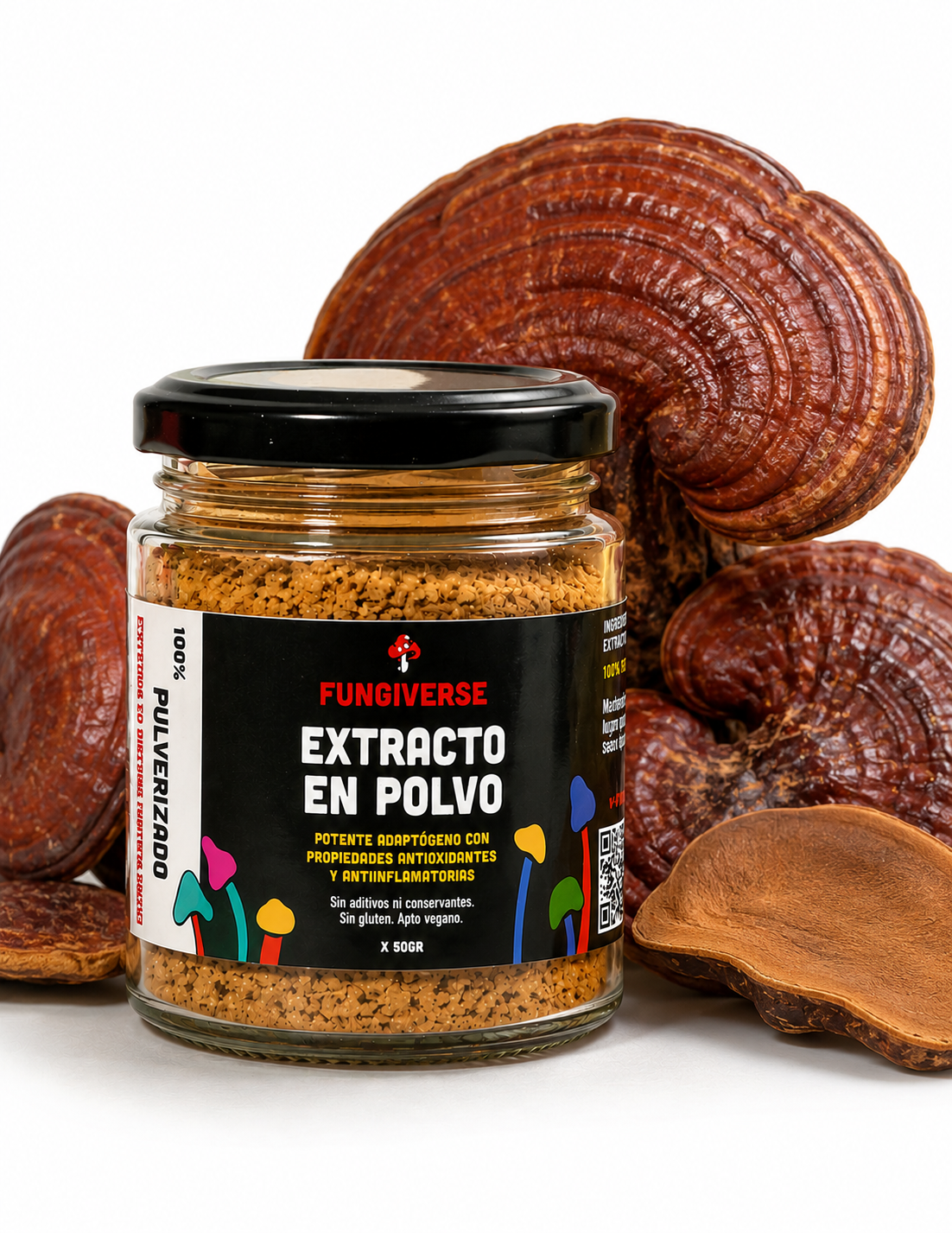 Frasco de polvo de extracto de hongos marrones con hongos reishi rojos sobre fondo blanco.