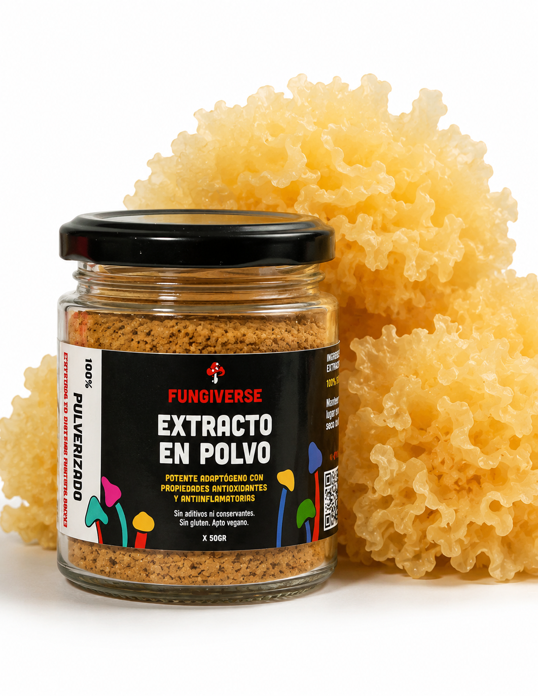 Frasco de polvo marrón etiquetado como “Extracto en Polvo” junto a esponjas marinas amarillas.