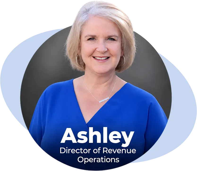 Headshot of Ashley, Director of Revenue Operations, smiling in a blue top on a circular background