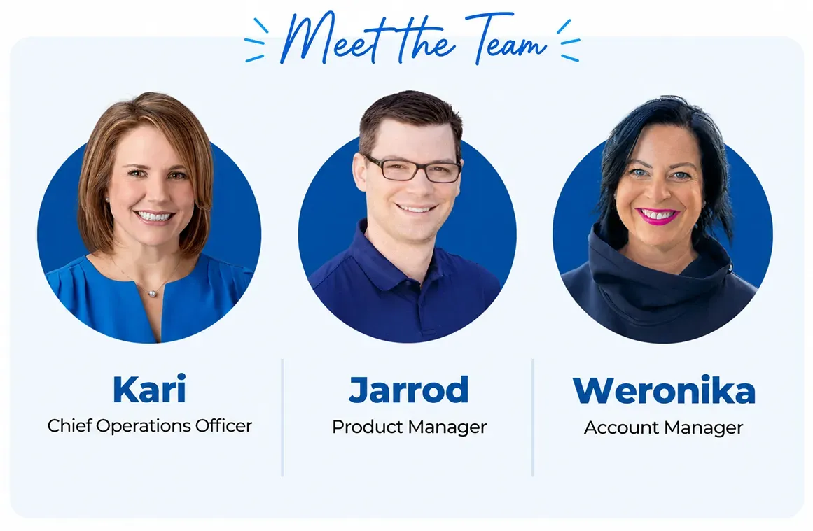 Team headshots labeled Kari, Jarrod, and Weronika under “Meet the Team” on blue backgrounds