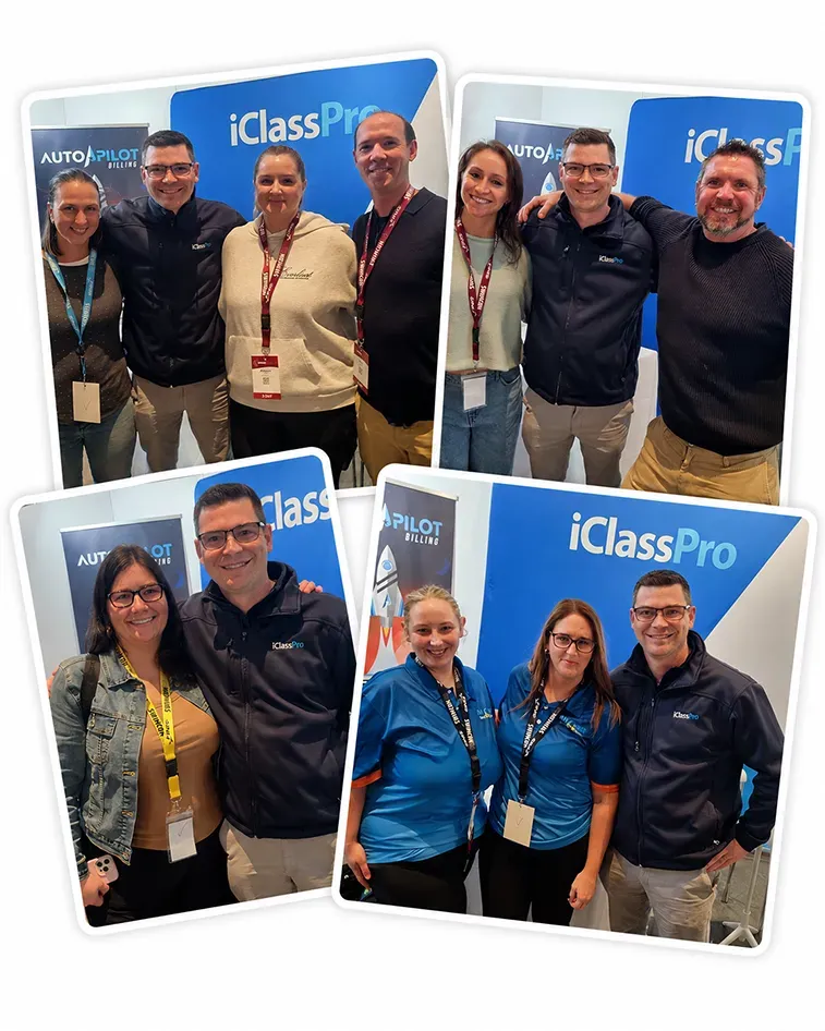 Four people posing in front of an iClassPro banner, shown in a four-photo collage