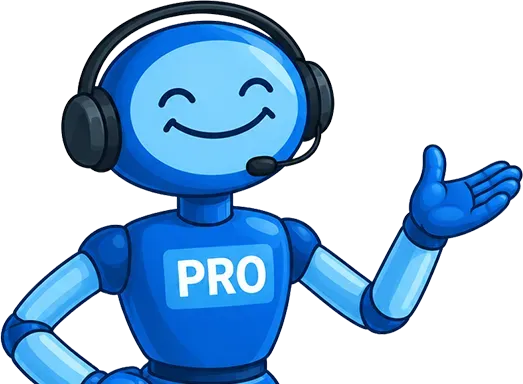 A blue robot with a pro logo on his chest is waving.