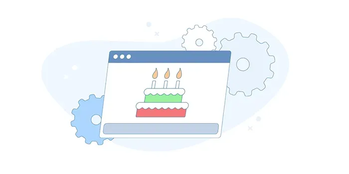 An illustration of a birthday cake with three candles on a computer screen.