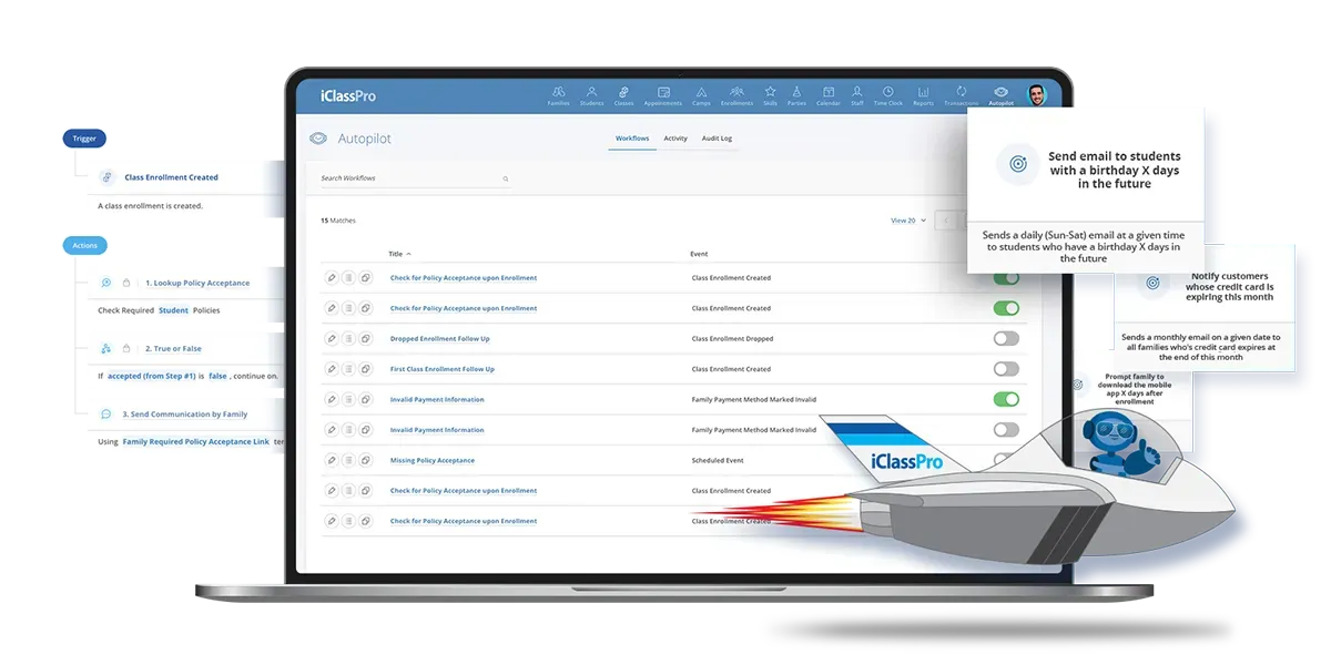 Laptop displaying software interface with a rocket and floating text boxes. The design is white and blue.