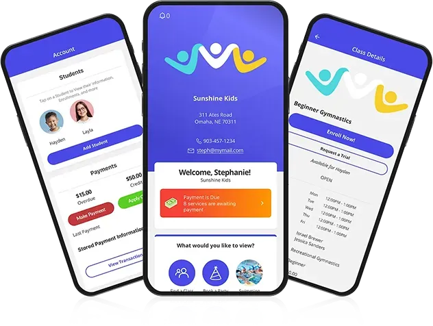 Three phones are displaying different versions of the same app.