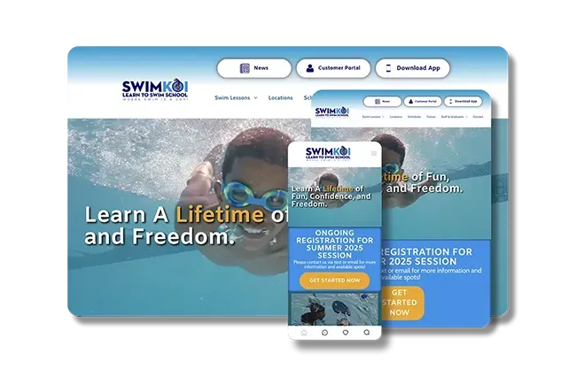 Swim lesson website homepage with blue ocean background