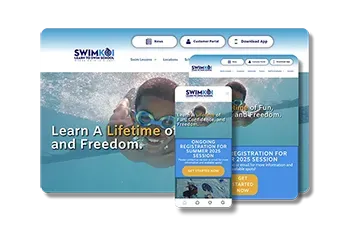 Swim lesson website homepage with blue ocean background