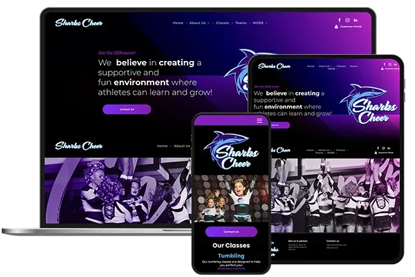 A sharks cheer website is displayed on a laptop , tablet , and cell phone.