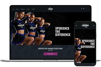 Website mockup on laptop and phone showing cheerleaders 