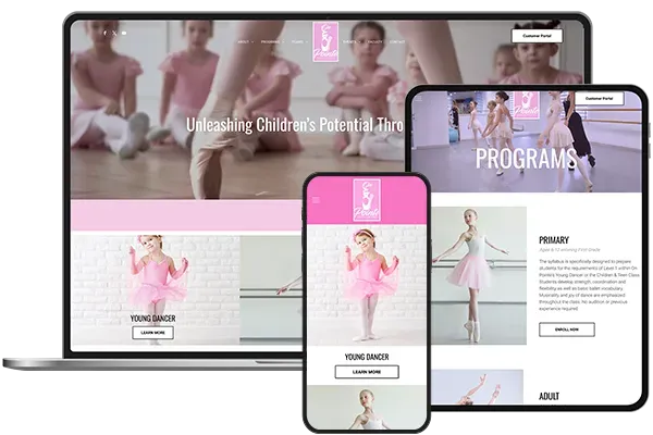 A website is displayed on a laptop , tablet , and phone.