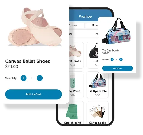 A pair of ballet shoes and a bag are on a phone screen.