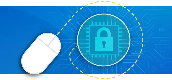 A computer mouse is sitting next to a padlock on a blue background.