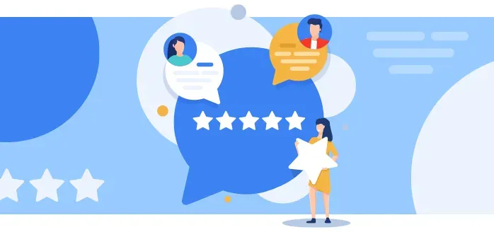A woman is holding a star in front of a speech bubble with five stars.