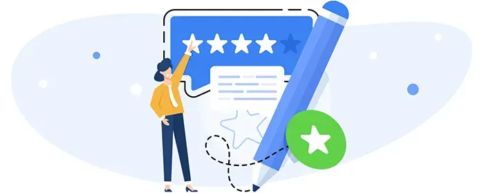 A woman is writing a review on a piece of paper with a pencil.