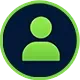 Blue analytics icon with bar chart and rising line graph on a dark circular background