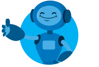 A blue robot with headphones on is giving a thumbs up.