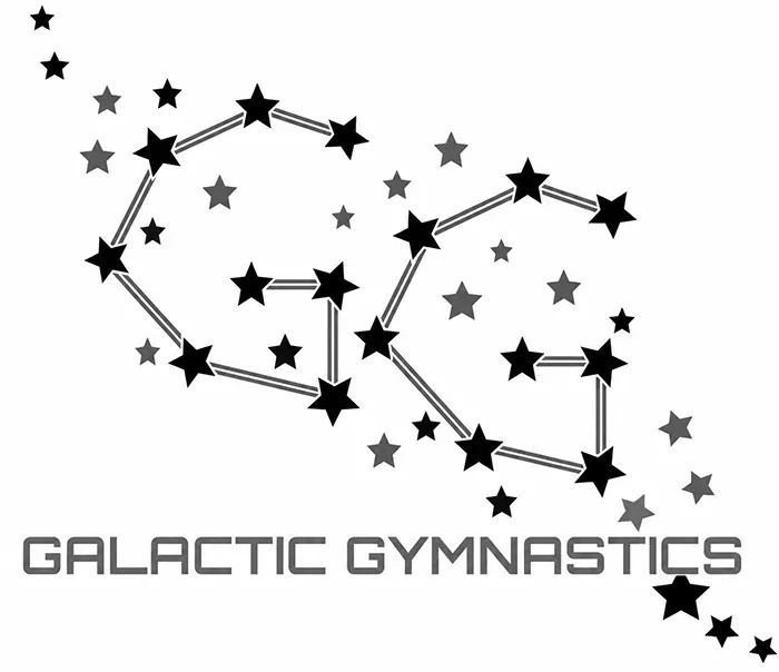Galactic Gymnastics logo with starry gymnast silhouettes and gray text on white background
