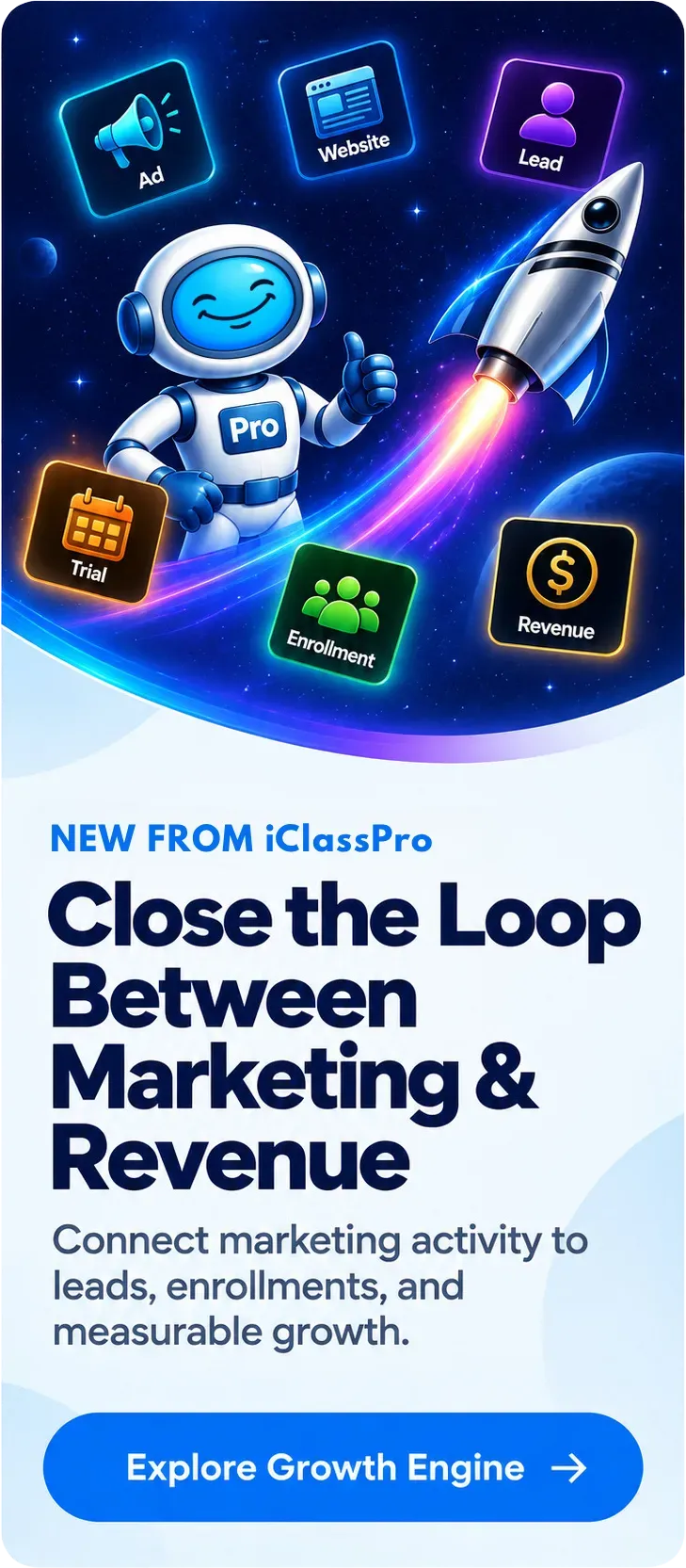 Blue marketing promo with chatbot icons and rocket, text: “Close the Loop Between Marketing & Revenue”