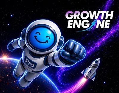 Smiling blue robot astronaut with “Growth Engine” text and a small rocket in a purple space scene