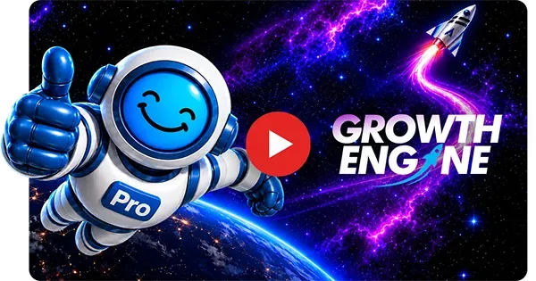 Cartoon Pro robot beside a rocket in space with a play button icon