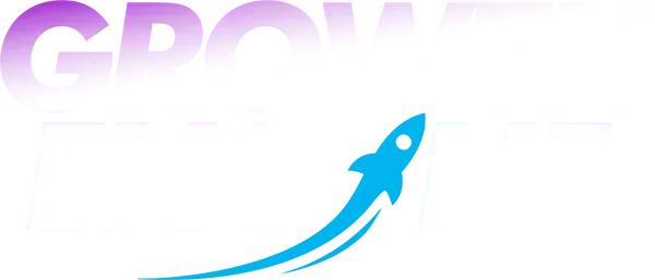 Blue rocket with a curved trail under a purple wordmark on a white background